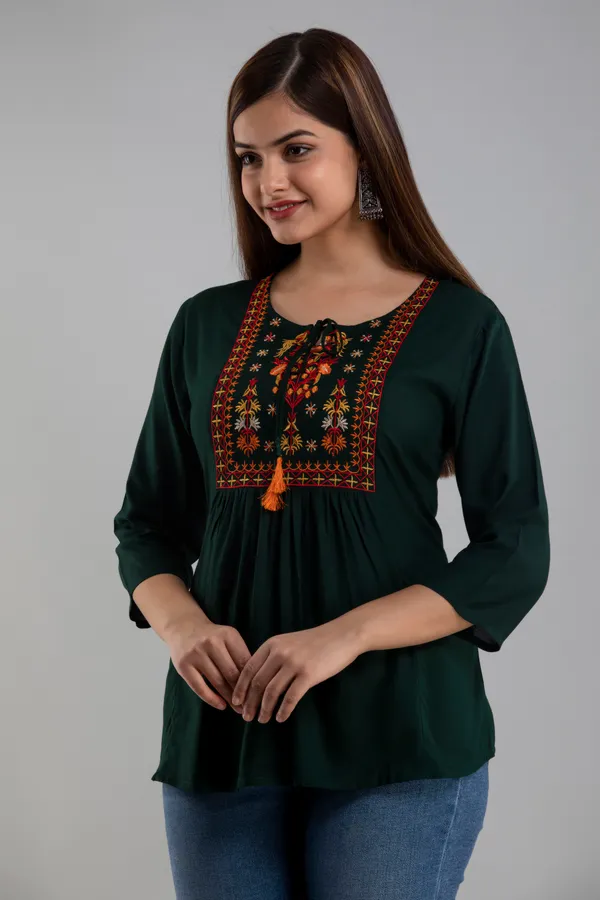 Dark_Green_Women's_Rayon_Embroidered_Regular_Fit_Top